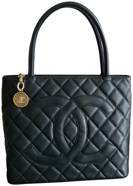 Chanel Medallion Black Dark Green Caviar Leaher Tote