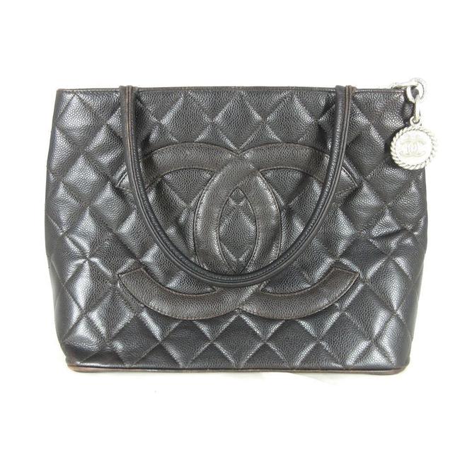 Chanel Brown Quilted Pebbled Cc Medallion Stitched Purse 1 Black Leather Tote
