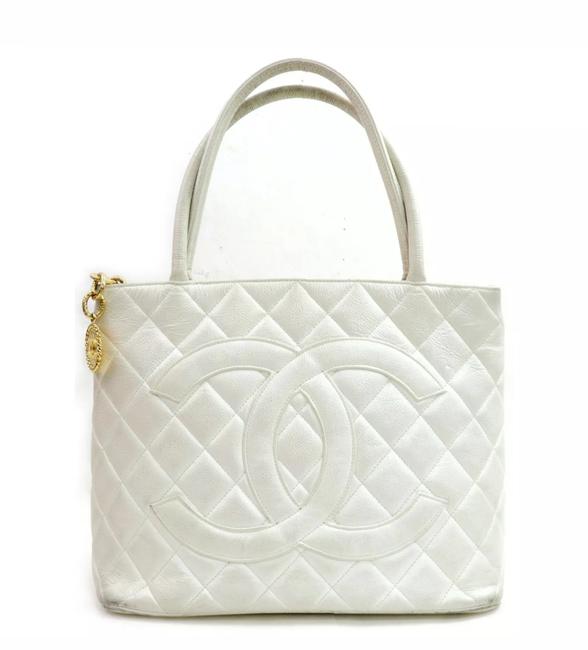 Chanel Medallion Caviar White Calfskin Leather Tote