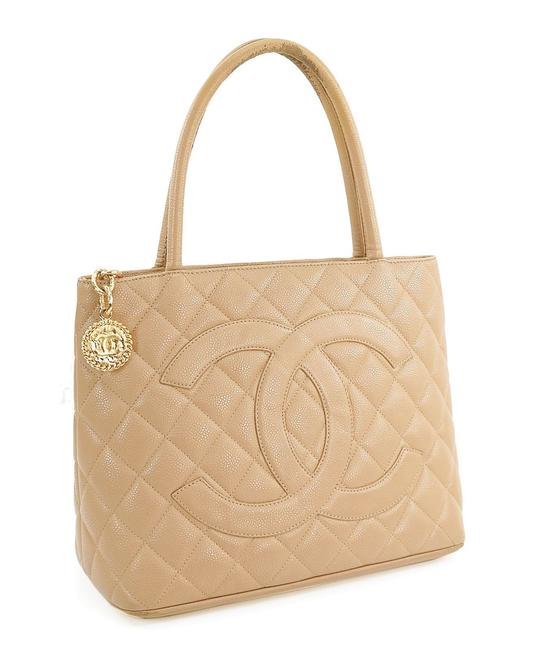 Chanel Bag Gold Medallion Beige Caviar Leather Tote