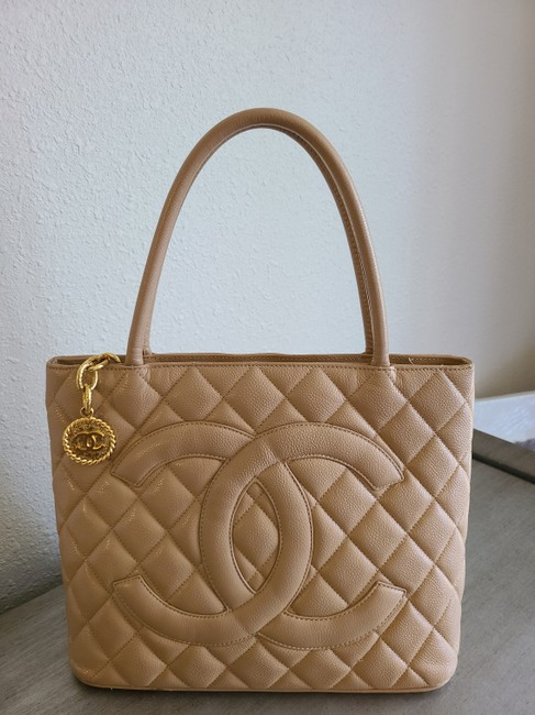 Chanel Medallion Gold Hardware Beige Caviar Leather Tote