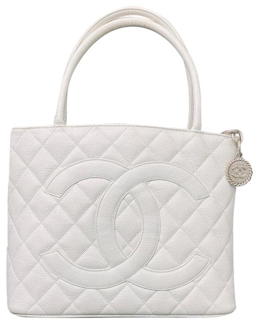 Chanel Medallion Large Cc Quilted White Leather Tote