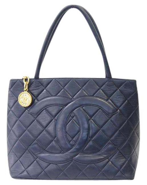 Chanel Matorasse Gold Medallion Dark Navy Lambskin Tote