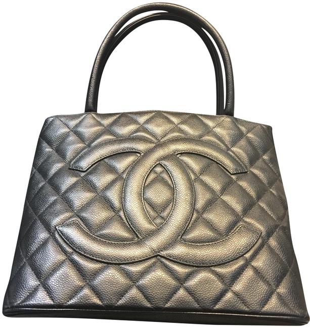 Chanel Silver Medallion Black Caviar Leather Tote
