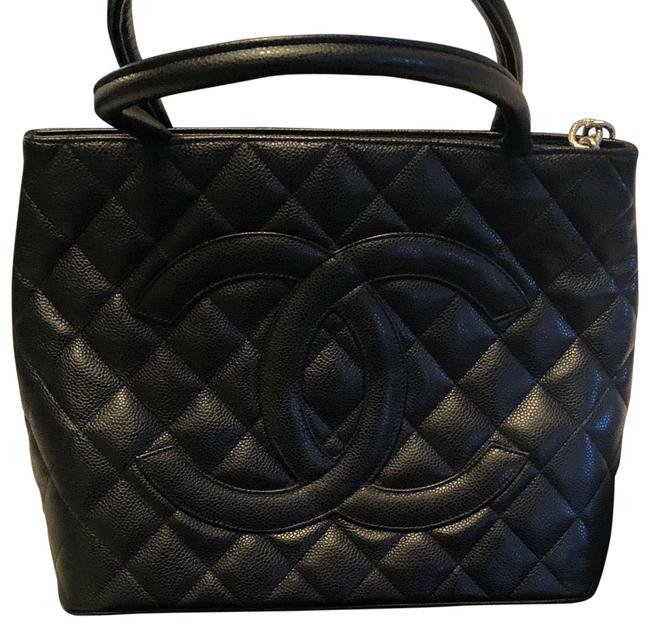 Chanel Silver Medallion Black Leather Tote