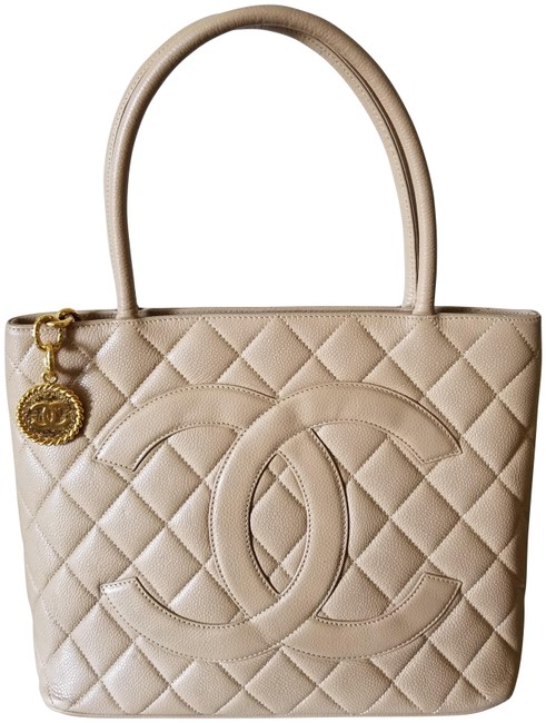 Chanel Medallion with Gold Hardware Beige Caviar Leather Tote