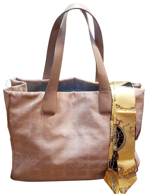 Chanel Mm Jacquard Beige White Nylon Tote