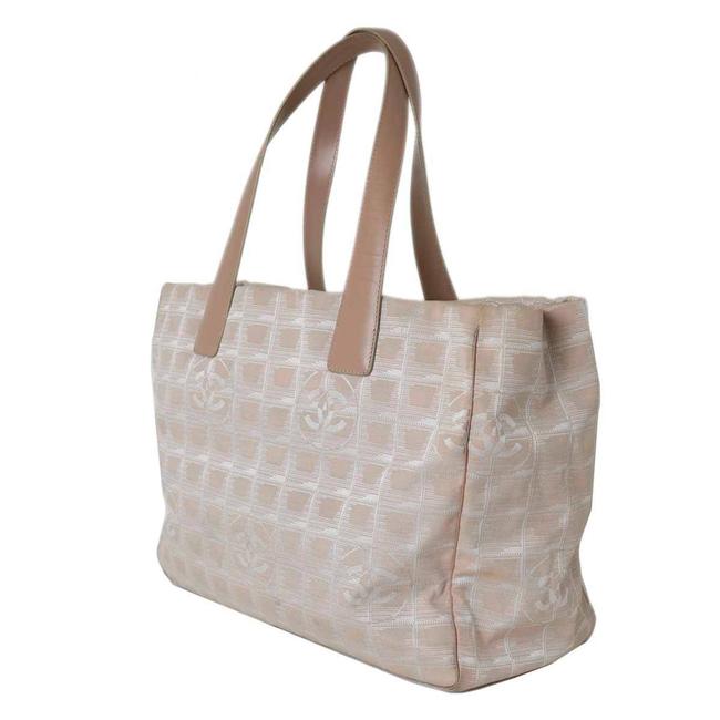 Chanel Mm Nylon Jacquard X Leather Coco Mark Ladies Beige Travel Line Tote