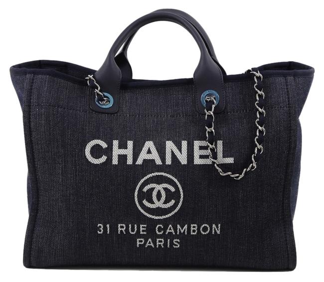 Chanel Navy Dark Blue Denim Leather Tote