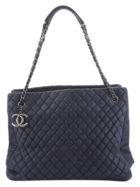 Chanel New Bubble Quilted Large Blue Calfskin Leather Tote