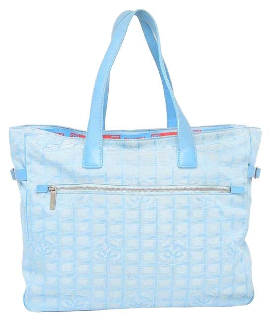 Chanel New Line Travel Gm 228259 Light Blue Quilted Nylon X Leather Tote