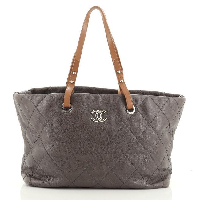 Chanel On The Road Quilted Small Gray Leather Tote