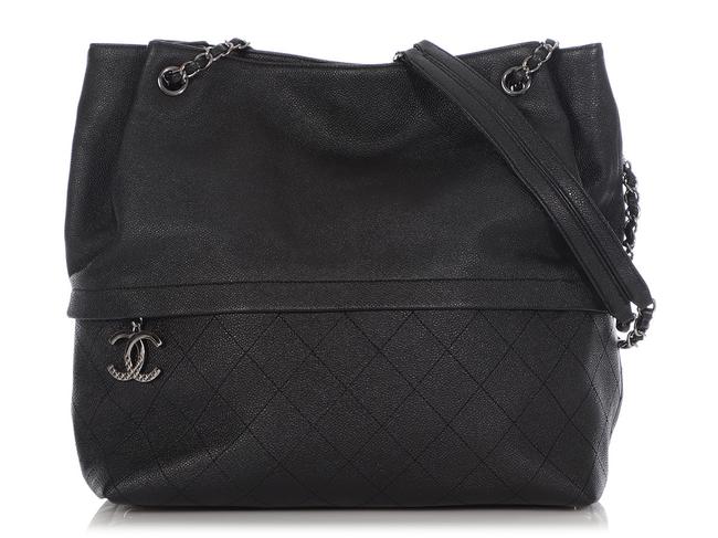 Chanel Part Quilted Large Caviar Black Leather Tote
