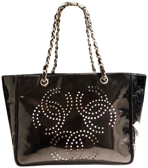 Chanel Perforated Cc Black Patent Leather Tote