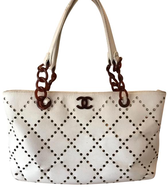 Chanel Perforated Vintage White Caviar Leather Tote
