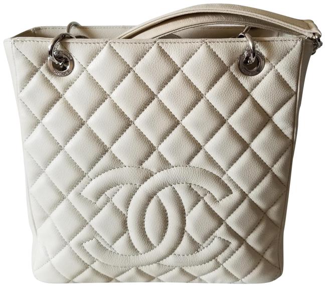 Chanel Shopping Pst Pettie Silver Hardware Ivory Caviar Leather Tote