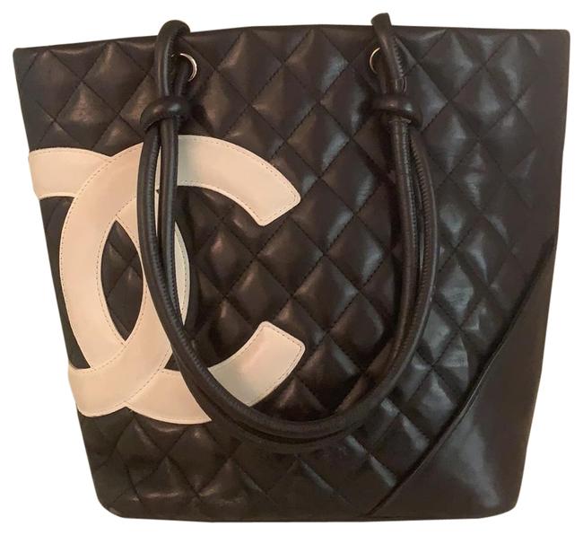 Chanel Quilted Black Leather with White C. Pink Lining Tote