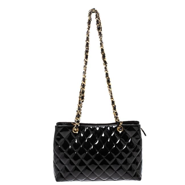 Chanel Quilted Cc Chain Black Patent Leather Tote