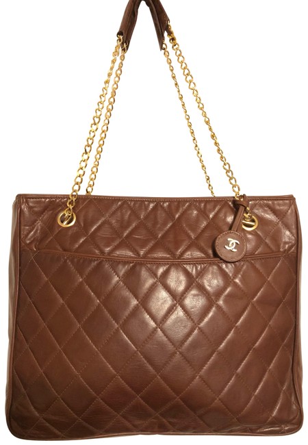 Chanel Quilted Chain Handbag Vintage Brown Leather Tote