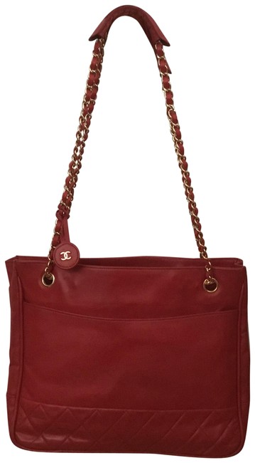 Chanel Quilted Chain Shopper Red Leather Tote
