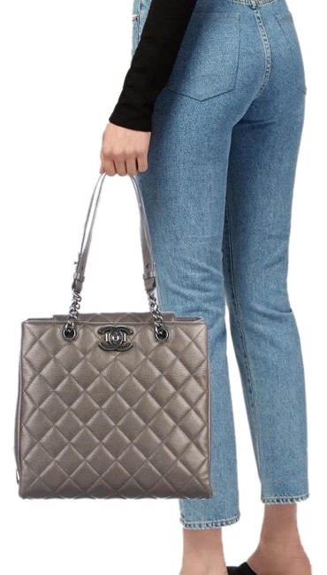 Chanel Quilted City Rock Dark Silver Metallic Calfskin Leather Tote