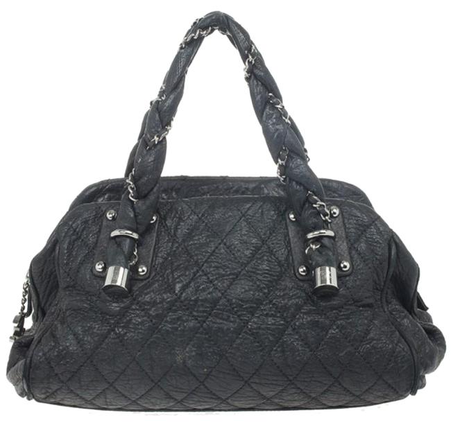 Chanel Quilted Distressed Lady Braid Bowler Black Leather Tote