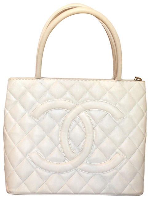 Chanel Quilted Medallion White Caviar Leather Tote