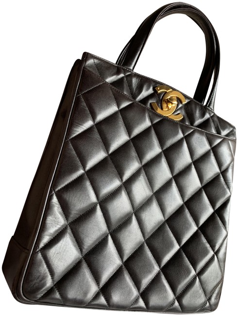 Chanel Quilted Top Handle Black Lambskin Leather Tote