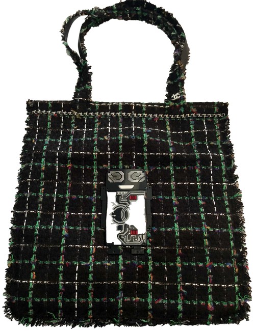 Chanel Resin Robot Black White Green Multi Tweed Tote