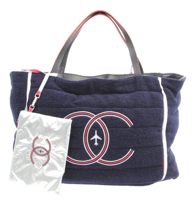 Chanel Reversible Airlines Silver and Navy Nylon Tote