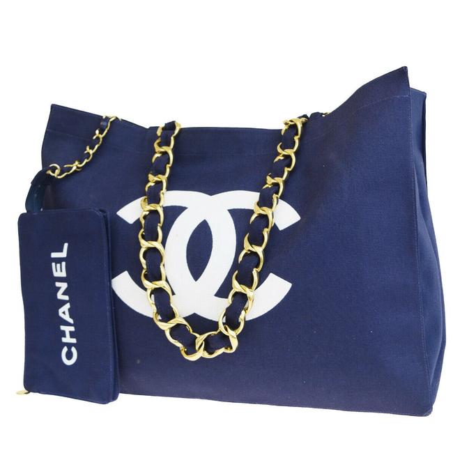 Chanel Shopping Bag Black Logo Navy Blue White Canvas Tote