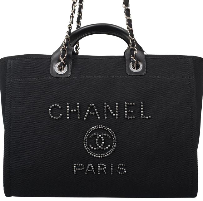 Chanel Shopping Bag Deauville Imitation Pearl Large Black Canvas Tote