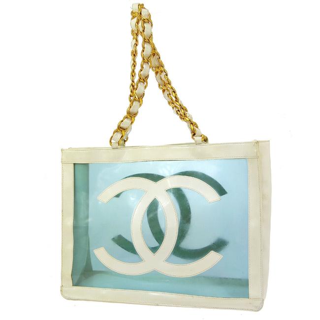 Chanel Shopping Bag Logo Blue White Vinyl Tote