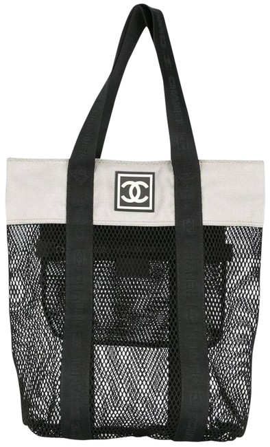 Chanel Shopping Bag Mesh Cc Logo Vintage Gym Sport Grey and Black Nylon Tote