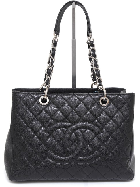 Chanel Shopping Caviar Grand Silver Hw Black Leather Tote