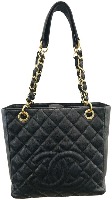 Chanel Shopping Caviar Quilted Petite Pst Black Leather Tote