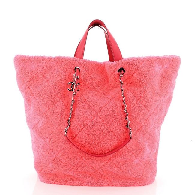 Chanel Shopping Cc Charm Quilted Mixed Fibers Large Pink Fabric Tote