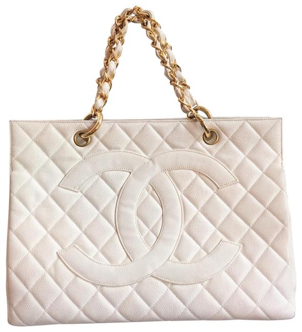 Chanel Shopping Cc Grand Gold Hardware White Caviar Leather Tote
