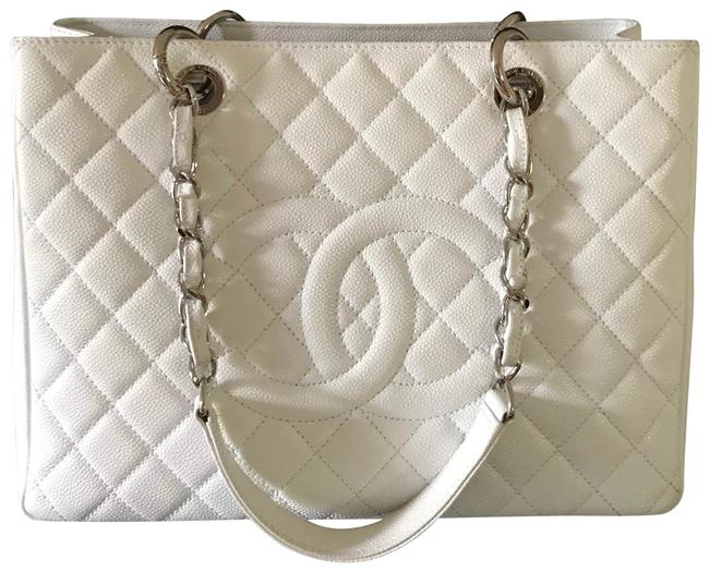 Chanel Shopping XL Cc Monogram Caviar White Leather Tote