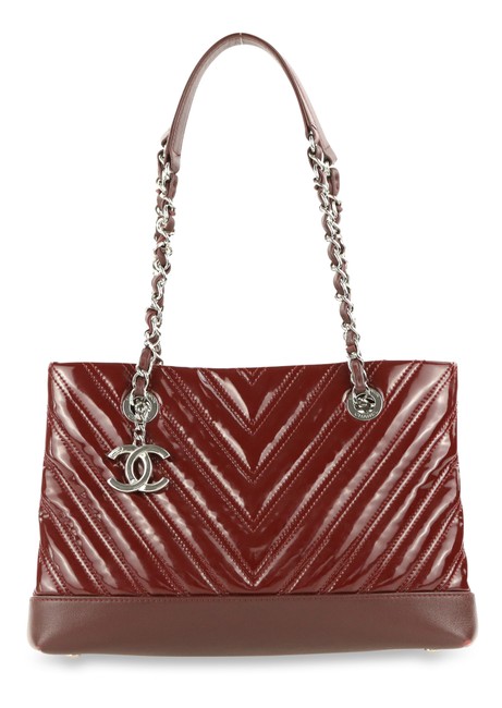Chanel Shopping Chevron Quilted Burgundy Red Patent Leather Tote