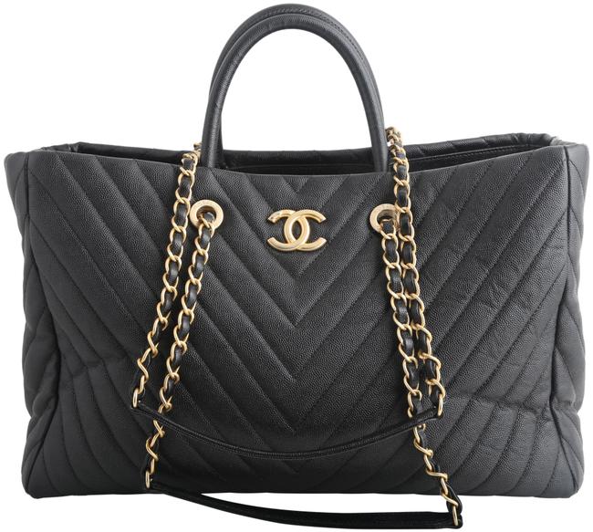 Chanel Shopping Coco Handle Caviar Chevron Quilted Black Leather Tote
