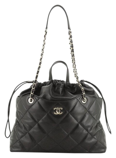 Chanel Shopping Drawstring Cc Quilted Lambskin Large Black Leather Tote