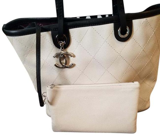Chanel Shopping Fever Zipped Quilted White with Black Trim Leather Tote