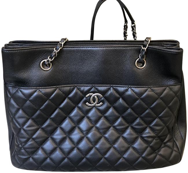 Chanel Shopping Large Zip Silver Metal Black Calfskin Leather Tote