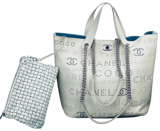 Chanel Shopping Logo Eyelets Perforated B113 White Calfskin Leather Tote