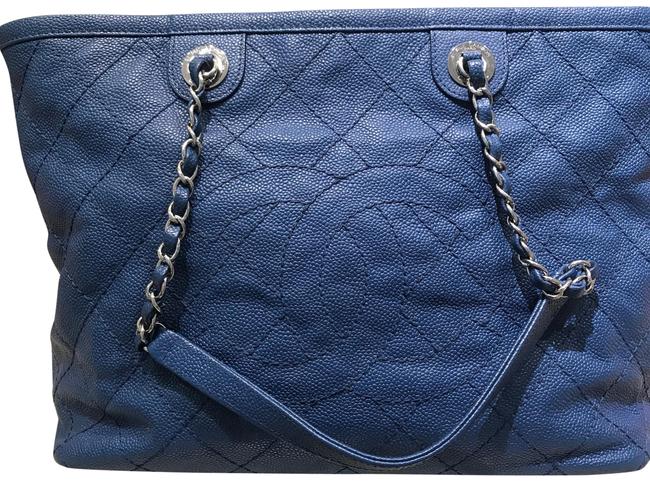 Chanel Shopping Quilted Cavier Medium Zip Cc Blue Leather Tote