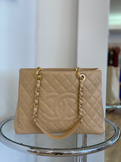 Chanel Shopping Quilted Grand Beige Caviar Leather Tote