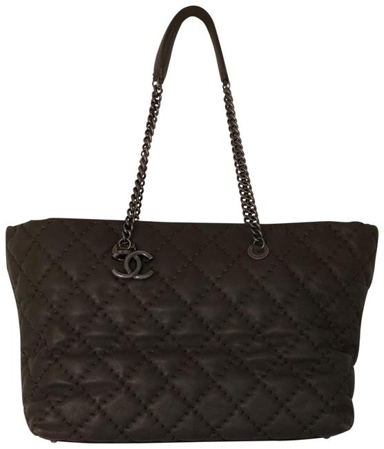 Chanel Shopping Quilted Slate GrayKhaki Leather Tote
