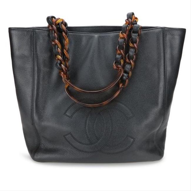 Chanel Shopping Rare Caviar Tortoise Top Handle Small Black Tote