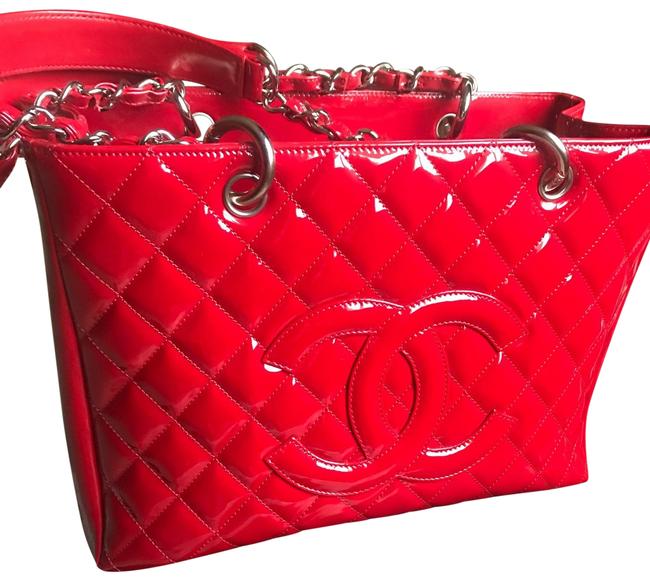 Chanel Shopping Grand Silver Hardware Red Patent Leather Tote